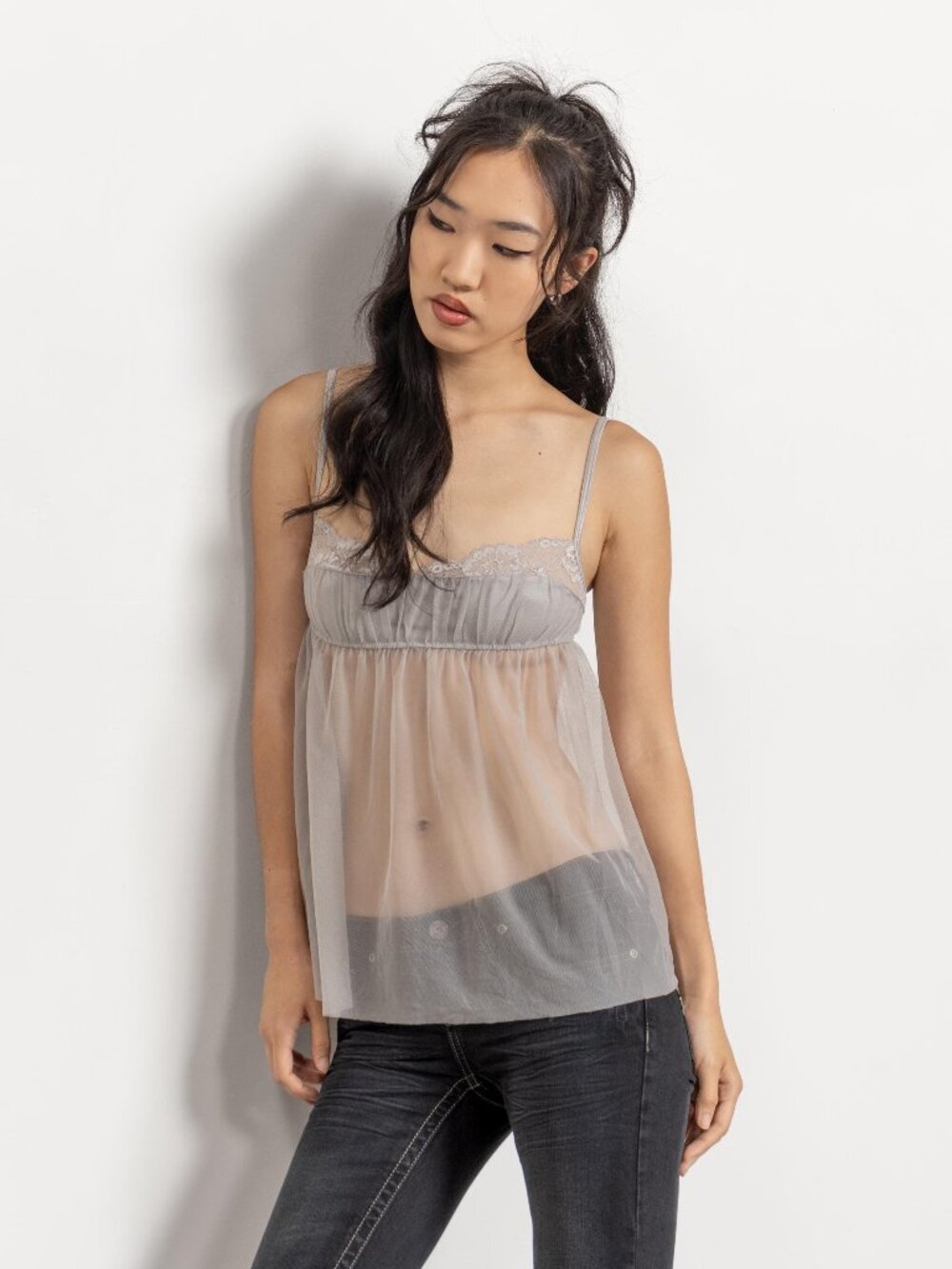 SHEER Grey SLIP Vintage Mesh Camisole Strappy Top Lingerie Woman, Small